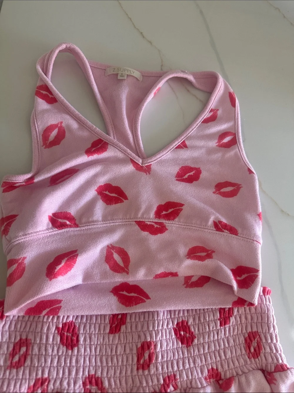 Z Supply Pink Lip Print Two-Piece Tank & Shorts pajama set size small
